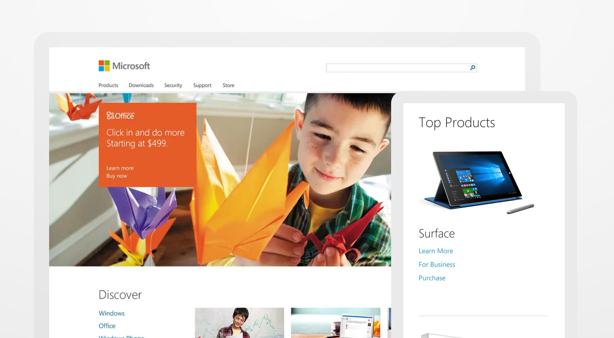 a view of the Microsoft homepage on a computer and a view of the Microsoft store on a phone