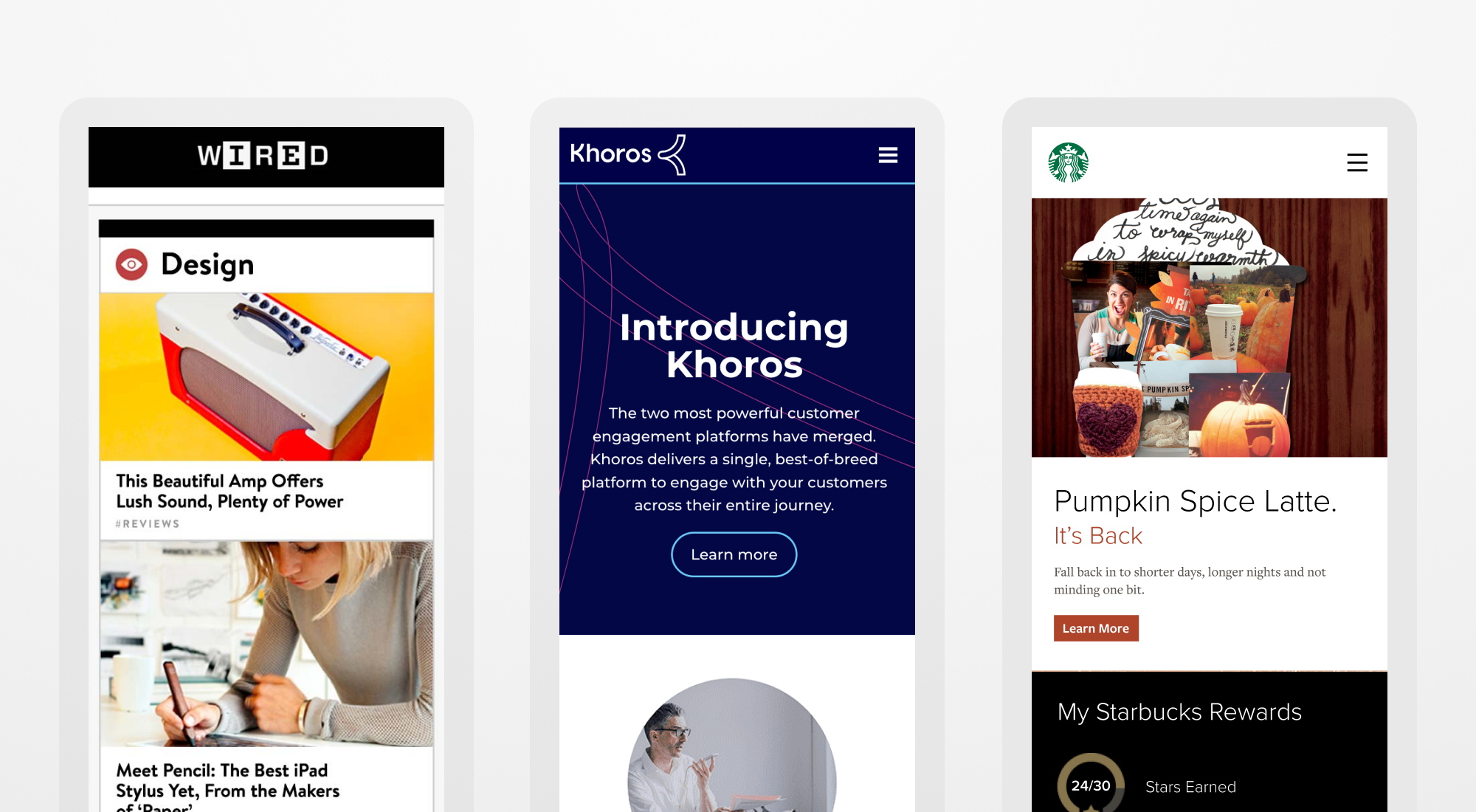 a view of Wired homepage, the Khoros homepage, and the Austin Chamber homepage on phone screens