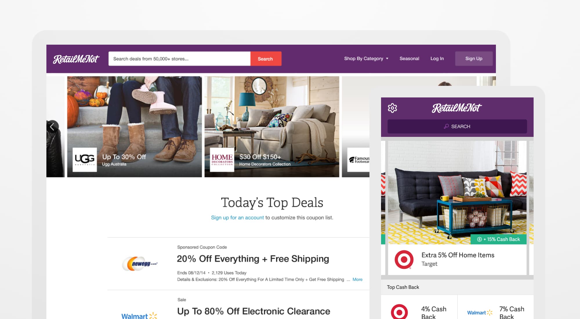 a view of the RetailMeNot website on a computer and various store coupons